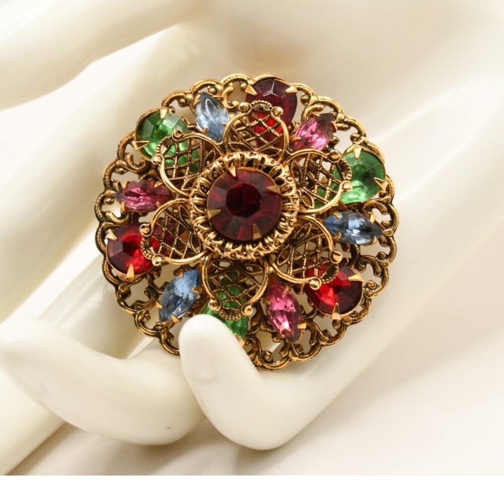 Vintage Multicolor Rhinestone Filigree Brooch Gold Tone Floral 1950s